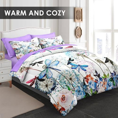 Pamnest Full Comforter Set with Sheets, 7 Pieces Dragonfly Flower Bedding