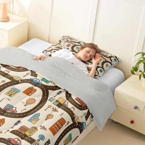 Erosebridal Cartoon Car Comforter Set Queen Cityscape City Car Bedding Set Funny House Building Road Map Comforter for Kids Boys Girls Modern Transportation Vehicle Quilt Duvet