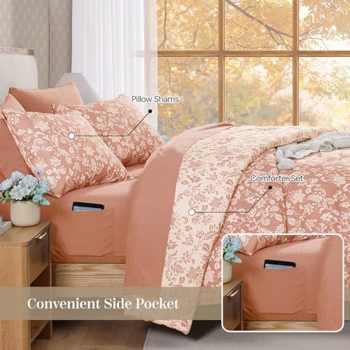 BLOOMHAVEN Full Size Comforter Sets-7 Pieces Pink Floral Bed in a Bag