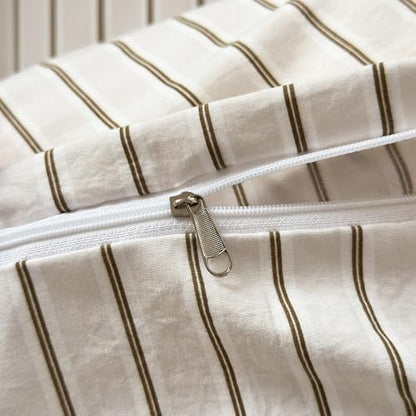 mixinni Vintage Striped Duvet Cover Set Full Size, 3 Piece Premium Washed Microfiber Minimalist Beige Brown Stripes Bedding, Neutral Comforter Cover with Hidden Zipper & Corner Ties for Men Women