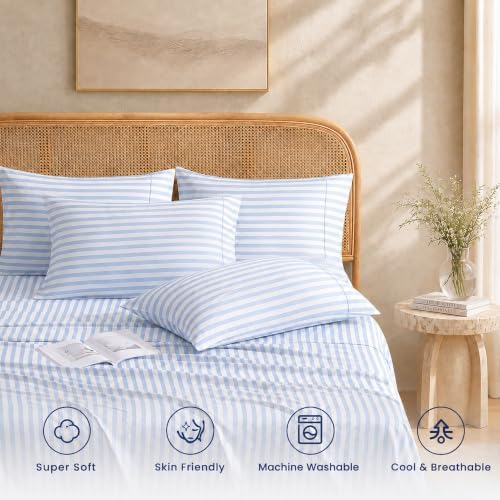 ROSE&RISY King Blue Stripe Sheet Set 4 Piece - Blue Striped Soft Lightweight Microfiber Bedding with Deep Pocket, Breathable Sheets & Pillowcases (Blue Stripe, King Size)