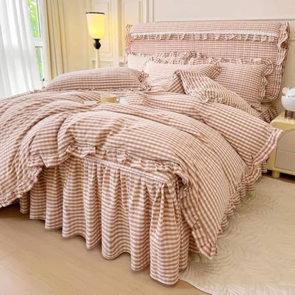 LifeTB Pink Gingham Comforter Set King 3 Pieces Ruffle Pink Plaid Comforter Set Fluffy Soft Grid Bedding Set Vintage Checkered Comforter with 2 Pillowcases Farmhouse Gingham Plaid Bedding Set King