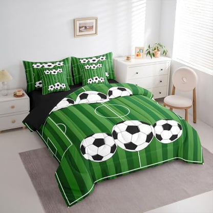 Erosebridal Playground Soccer Green Boys Kids Full Comforter Set 7 Pieces | Football Court Gaming Bed in A Bag for Bedroom Ball Games Bedding Set with Comforters Hexagon Honeycomb Room Decor