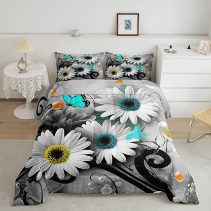 Rustic Daisy Quilt Set Twin,Farmhouse Floral Blue Butterfly Bedding Comforter Set For Kids Girls Teens Women Twin,Hippie Black Gray Marble Comforter,Pastoral Countryside Flower Quilted Duvet 2 Pcs