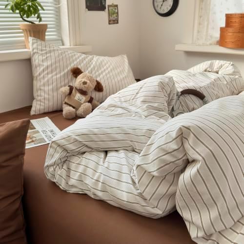 mixinni Vintage Striped Twin XL Duvet Cover Set, 3 Piece Premium Washed Microfiber Minimalist Beige Brown Stripes Bedding, Neutral Comforter Cover with Hidden Zipper & Corner Ties for Men Women