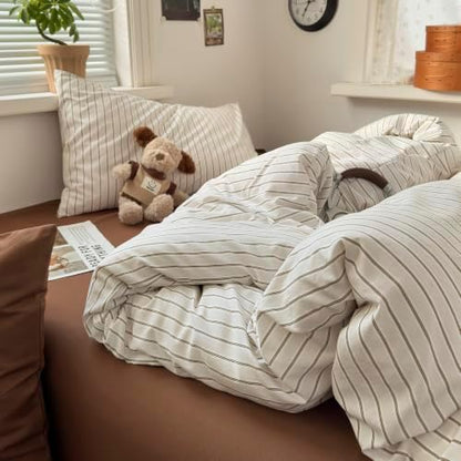 mixinni Vintage Striped Twin XL Duvet Cover Set, 3 Piece Premium Washed Microfiber Minimalist Beige Brown Stripes Bedding, Neutral Comforter Cover with Hidden Zipper & Corner Ties for Men Women