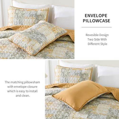 Mybedsoul Yellow Boho Quilt Queen Size, Patchwork Floral Bedding Set