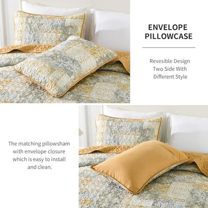 Mybedsoul Yellow Boho Quilt Queen Size, Patchwork Floral Bedding Set