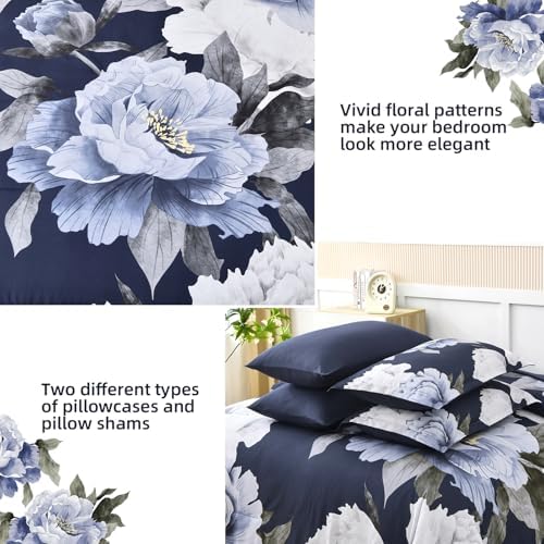 Dobuyly Navy Blue Full Size Comforter Set 7 Piece Bed in a Bag, Blue White Floral Comforter Set with Sheets, Soft Microfiber Botanical Flowers Complete Bedding Set for All Season