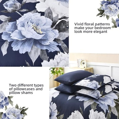 Dobuyly Navy Blue Full Size Comforter Set 7 Piece Bed in a Bag, Blue White Floral Comforter Set with Sheets, Soft Microfiber Botanical Flowers Complete Bedding Set for All Season