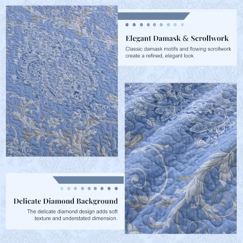 100% Cotton Quilt Set Queen Size, Classic Damask, Blue 90"x98"