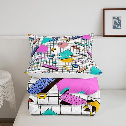 Manfei Memphis Comforter Set Twin Size, Retro 80s or 90s Geometric Fashion Style Quilt Set with 1 Pillowcase, Vintage Hip Hop Bedding Set 2pcs for Kids Boy Girls Lightweight Duvet Insert