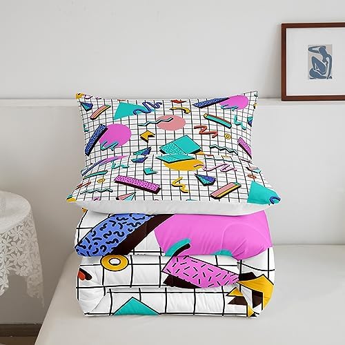 Manfei Memphis Comforter Set Queen Size, Retro 80s or 90s Geometric Fashion Style Quilt Set with 2 Pillowcases, Vintage Hip Hop Bedding Set 3pcs for Kids Boy Girls Lightweight Duvet Insert