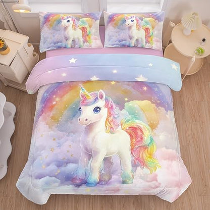 5PCS Unicorn Comforter Sets Queen Pink Color,Pink Queen Comforter Set for Girls,Kids,Teens,Cute Unicorn Bed Set,All Season Use