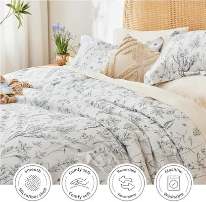 Love's cabin White Full Size Comforter Set - Comforter Set Full, 3 Pieces Cute Floral Bedding Sets for All Seasons,1 Soft Reversible Botanical Flowers Comforter and 2 Pillow Shams