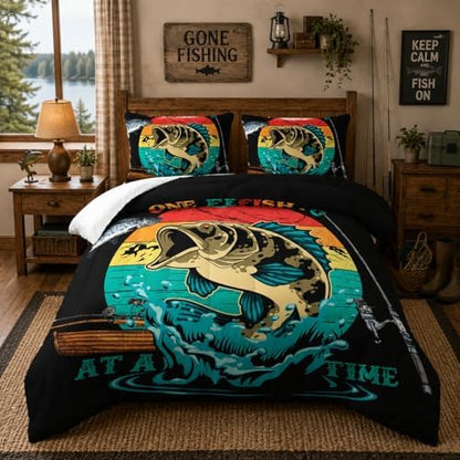Nttopship Big Pike Fish Comforter Set,Bass Fishing Comforter Set for Boys Girls Children Fishing and Hunting Room Decor Twin Size with 2 Pillow Case