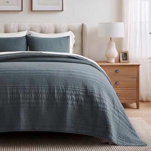 EVERGRACEHOME 100% Cotton Quilt Set Oversized Cal King, Midnight Blue