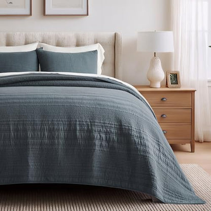 EVERGRACEHOME 100% Cotton Quilt Set Oversized Cal King, Midnight Blue
