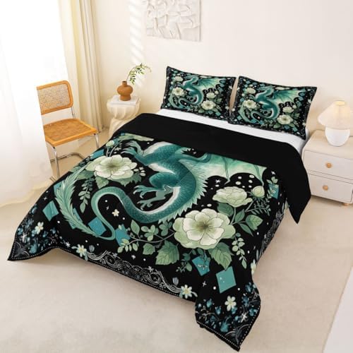 Feelyou Dragon Bedding Set Soft for Boys Girls, Magical Beast Comforter Set Queen Size Jungle Dragon Duvet Quilt Microfiber Wild Animal Bedroom Decor Fantasy Animal 3 Pcs with 2 Pillow Cases