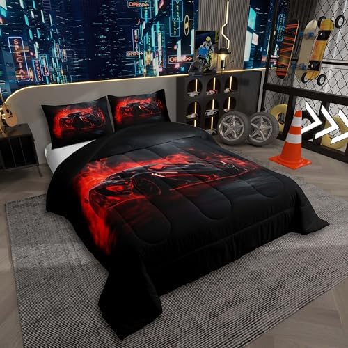 Erosebridal Red Race Car Toddler Size Bedding Set Boys Red Black Racing Car Comforter for Kids Girls Racing Car Room Decor Bedding Collection Extreme Sports Gaming Down Comforter,Soft Microfiber