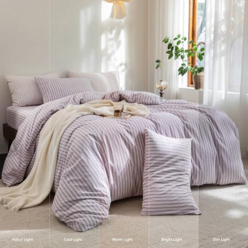 FOSSA Striped Duvet Cover Set 100% Washed Cotton Linen Feel Queen