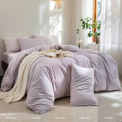 FOSSA Striped Duvet Cover Set 100% Washed Cotton Linen Feel Queen