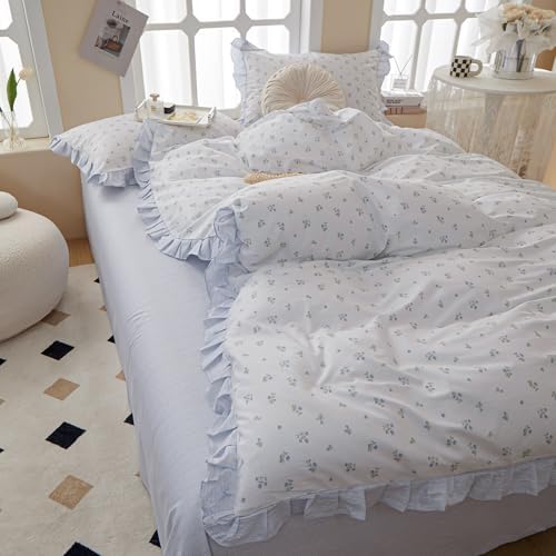 LifeTB Blue Floral Comforter Set Twin XL Botanical Ruffle Bedding Comforter Fluffy Soft Aesthetic Coquette Bedding Set Girls Cottagecore Blue Flowers Comforter Set with 2 Pillowcases for All Seasons