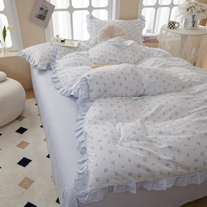 LifeTB Blue Floral Comforter Set Twin XL Botanical Ruffle Bedding Comforter Fluffy Soft Aesthetic Coquette Bedding Set Girls Cottagecore Blue Flowers Comforter Set with 2 Pillowcases for All Seasons