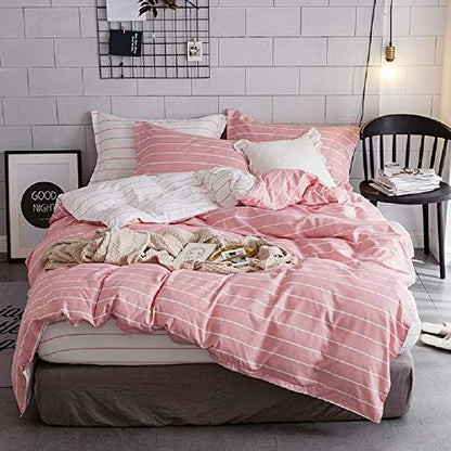 Pink Comforter Cover Full Size Girls White Stripe Decor Bedding Set, Simple Fashion Style Duvet Cover, Soft Microfiber Reversible Bedspread, 3 Pieces Kids Boys Women Modern Quilt Cover, No Comforter
