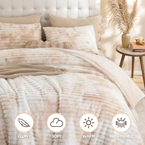 Smoofy Fluffy King Size Comforter 3 PCS - Tie Dye Beige Fleece Bedding Set