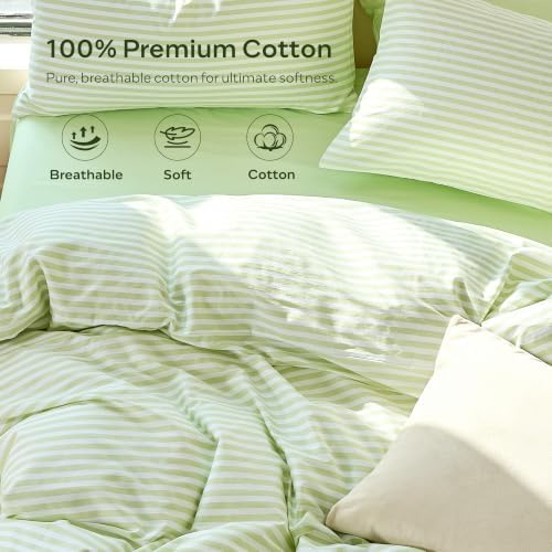 JELLYMONI 100% Cotton Sheet Set, Sage Green Striped, King