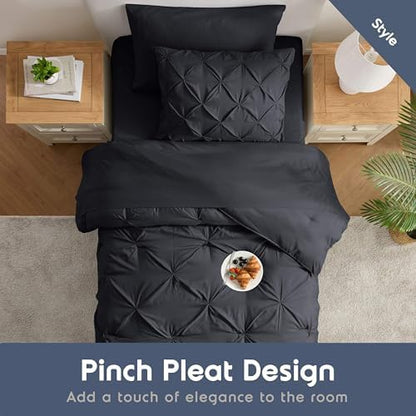Nestl 7 Piece Twin Comforter Set – Black Pinch Pleated Bed in a Bag – Complete Twin Size Bedding Set with Sheets, Set of 2 Cooling Pillows, Pillowcase and Sham