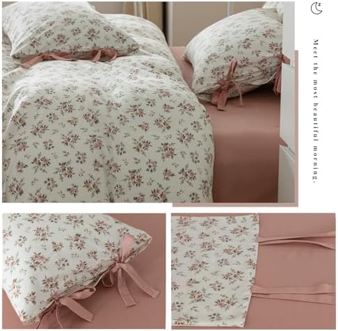 VM VOUGEMARKET Peach Flower Bedding Set King Chic Girls Floral Duvet Cover with Zipper Closure 100% Cotton Blush Pink Comforter Cover Set(3 pcs,104x90)