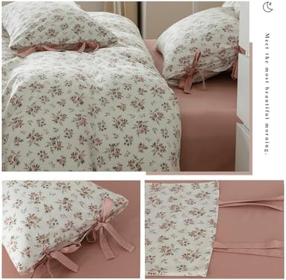 VM VOUGEMARKET Peach Flower Bedding Set King Chic Girls Floral Duvet Cover with Zipper Closure 100% Cotton Blush Pink Comforter Cover Set(3 pcs,104x90)