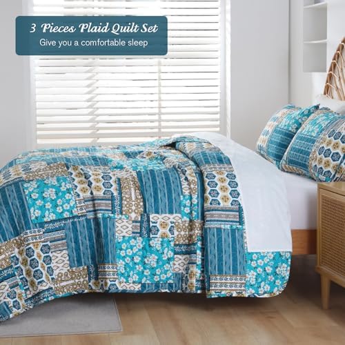 Mybedsoul Boho Quilts Queen Size, Floral Patchwork Bedding Set, Dusty Blue