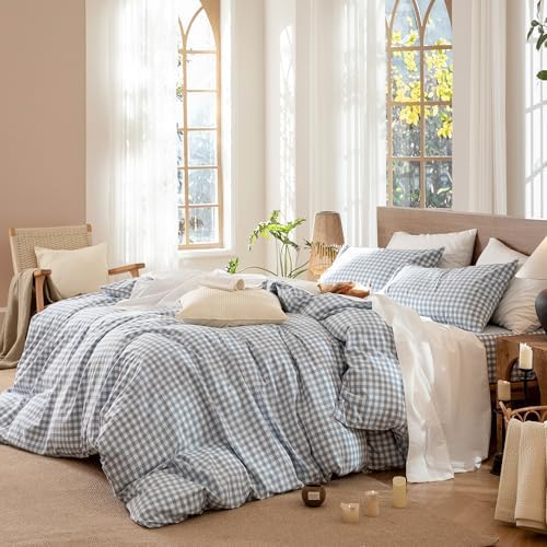 MooMee Gingham Duvet Cover Set 100% Washed Cotton Linen Like