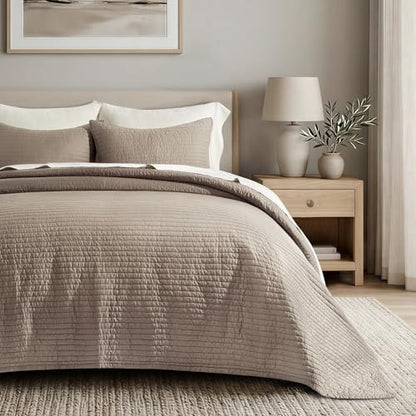 EVERGRACEHOME Cotton Sateen Quilt Set, Oversized Cal King, Stone Taupe