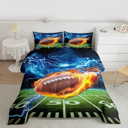 American Football Comforter Set King Size Lightning and Flame 3D Football Field Quilt Set 3Pcs Kids Boys Fashion Teens Room Decor Sports Games Duvet Insert, 2 Pillowcase