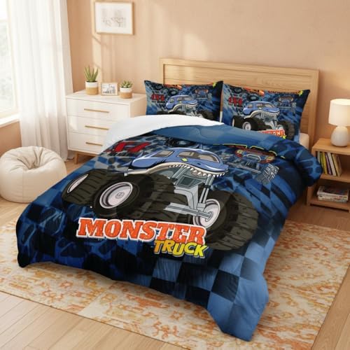 AILONEN Truck Comforter Set Twin Size, 3D Monster Truck on Blue Background Theme Bedding Set for Kids Boys Girls All Season,Soft Microfiber,3 Pieces,1 Quilt and 2 Pillowcases