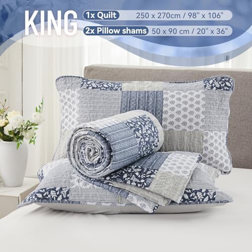 Cozyholy Navy Blue Gray King Size Quilt Set, 3 Piece Quilted Bedspread Set Patchwork Plaid Bedding Comforter Set Reversible Lightweight Microfiber Bed Spread Coverlet Set for All Seasons