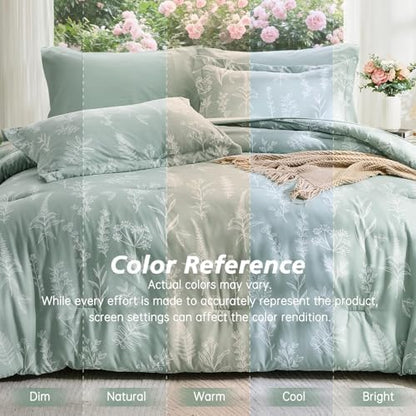 MUXHOMO Queen Comforter Set 7 Pieces, Sage Green Bed in a Bag Queen Reversible Botanical Flowers Design, Ultra Soft & Breathable Bedding Sets with Comforter, Sheets, Pillowcases & Shams