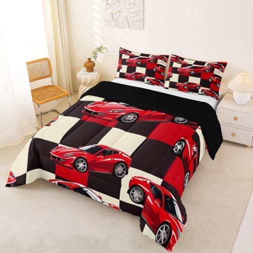 Erosebridal Red Racing Car Comforter Set Toddler for Boys, Cool Speed Race Car Bedding Set for Kids Youth Men Teens Room Decor, Extreme Sport Comforter, Grid Buffalo Quilt, 2 Piece