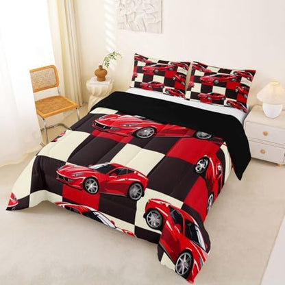 Erosebridal Red Racing Car Full Comforter Set for Boys, Cool Speed Race Car Bedding Set for Kids Youth Men Teens Room Decor, Extreme Sport Comforter, Grid Buffalo Quilt, 3 Piece