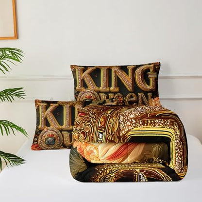 King and Queen Comforter Set Black and Gold，King and Queen Bedding Set，Red Floral Quilt Set Queen Size，with 1 Comforter with 2 Pillow Case