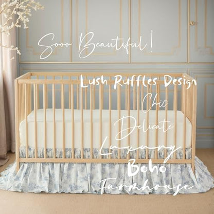 Brandream French Country Toile Floral Print Cotton Crib Skirt Toddler Bedskirt Baby Nursery Crib Bed Skirt Boho Bohemian Neutral Blue Farmhouse Chic Ruffles Skirt