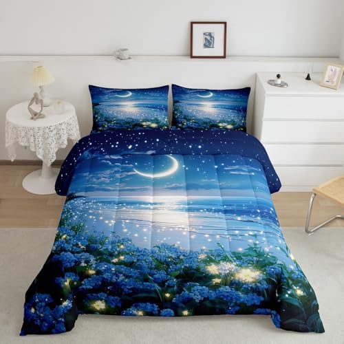 Homewish Coastal Beach Bedding Set Full Size,Blue Floral Comforter Set 3Pcs for Kids Girls Boys Teens Room Decor,Moon Night Quilt Set Blue Dreamy Romantic Duvet Insert,2 Pillowcases