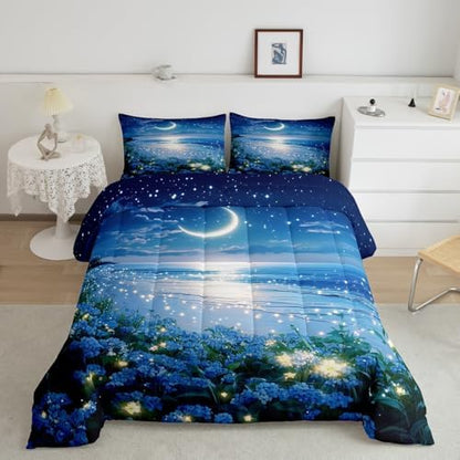 Homewish Coastal Beach Bedding Set Full Size,Blue Floral Comforter Set 3Pcs for Kids Girls Boys Teens Room Decor,Moon Night Quilt Set Blue Dreamy Romantic Duvet Insert,2 Pillowcases
