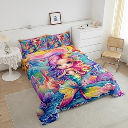Castle Fairy Mermaid Comforter Sets King Size Cartoon Princess Rainbow Mermaid Bedding Set for Kids Girls Teens Bedroom Decor,Cute Ocean Animal Theme Duvet Quilt Watercolor Reversible Soft Comforter