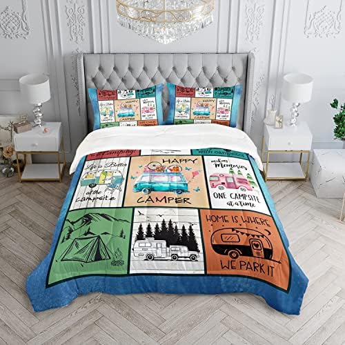 HOSIMA Happy Camping Decor Comforter Set,Cartoon Camper Bedding Queen Size for Kids Teen Girls Boys Room Decor,Camper Accessories for Travel Trailers Themed Bedding with 2 Pillowcases.