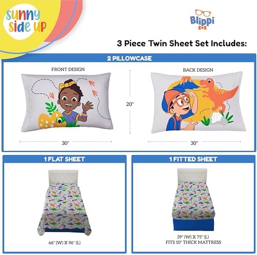 Sunny Side Up Kids Sheet Set Includes Sheets and Pillow Cover - 100% Microfiber Bedding and Room Decor, Gray - Blippi, 3 Piece Twin